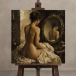 Mirror Reflection Back Figure Classical Nude Wall Art Canvas Print displayed on a studio easel