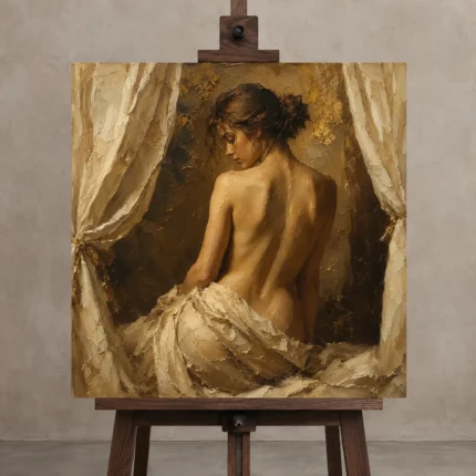 Curtained Back Figure Classical Nude Wall Art Canvas Print shown in Studio Easel