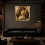 Curtained Back Figure Classical Nude Wall Art Canvas Print shown in a warm modern interior