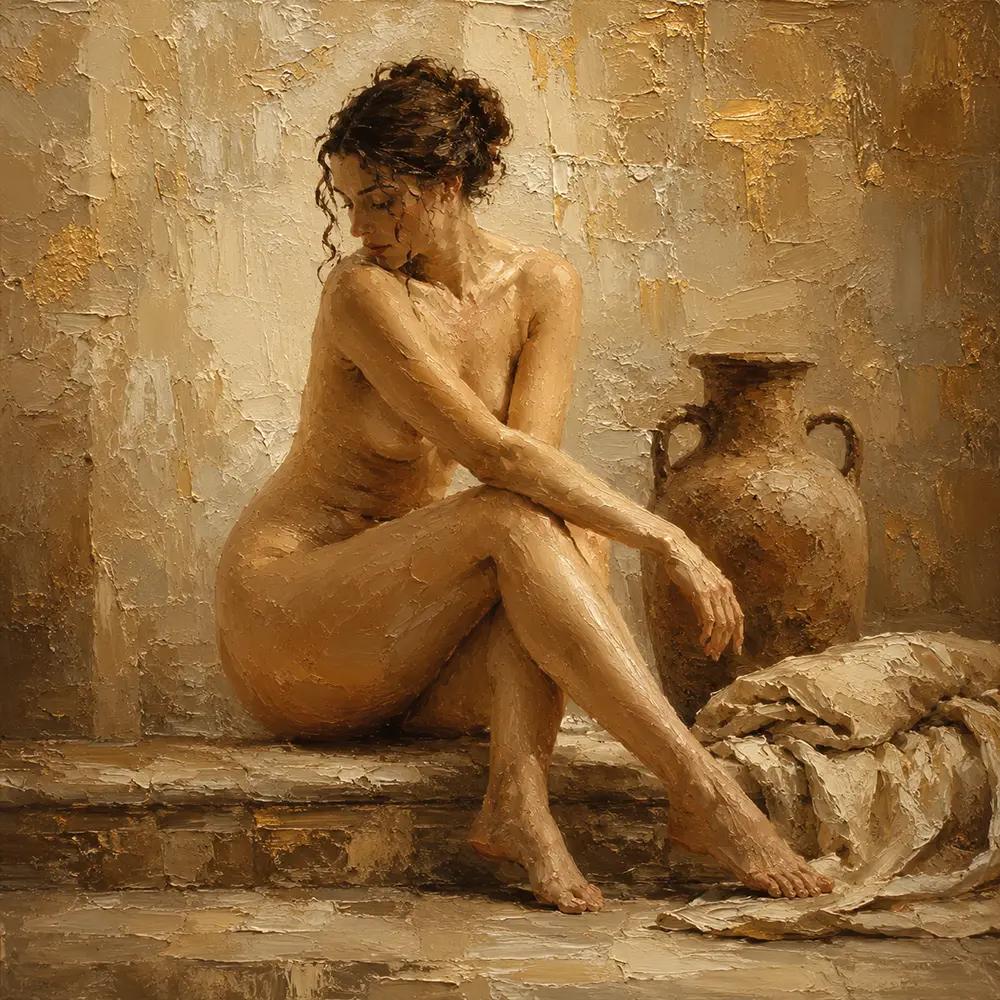 Terracotta Vessel Seated Figure Classical Nude Wall Art Canvas Print