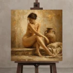 Terracotta Vessel Seated Figure Classical Nude Wall Art Canvas Print displayed on a studio easel
