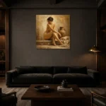Terracotta Vessel Seated Figure Classical Nude Wall Art Canvas Print shown in a warm modern interior