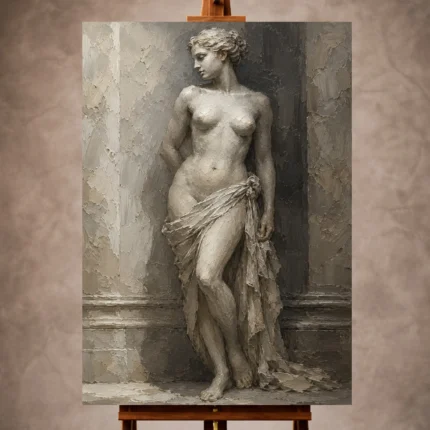 Sculptural Nude Wall Art captures the timeless beauty of a draped classical figure with serene posture, sculptural form, and textured neutral tones for refined interiors.