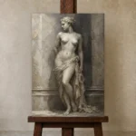 Draped Classical Figure Sculptural Nude Wall Art Canvas Print displayed on a studio easel
