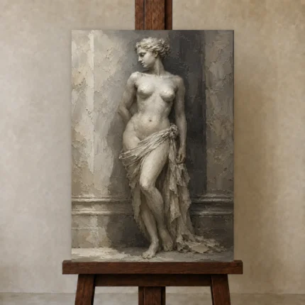 Draped Classical Figure Sculptural Nude Wall Art Canvas Print shown in Studio Easel