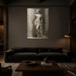 Draped Classical Figure Sculptural Nude Wall Art Canvas Print shown in a warm modern interior