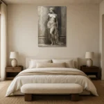 Draped Classical Figure Sculptural Nude Wall Art Canvas Print showcased in an elegant minimalist interior