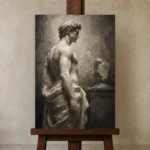 Draped Male Figure Sculptural Nude Wall Art Canvas Print displayed on a studio easel