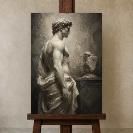 Draped Male Figure Sculptural Nude Wall Art Canvas Print shown in Studio Easel
