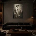 Draped Male Figure Sculptural Nude Wall Art Canvas Print shown in a warm modern interior