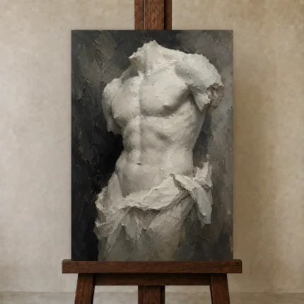 Fragmented Torso Sculptural Nude Wall Art Canvas Print shown in Studio Easel