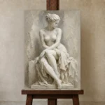Seated Muse Sculptural Nude Wall Art Canvas Print displayed on a studio easel
