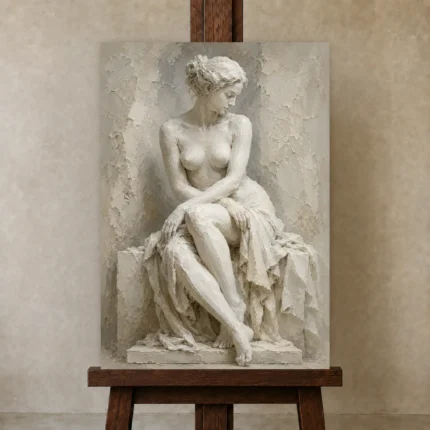 Seated Muse Sculptural Nude Wall Art Canvas Print shown in Studio Easel