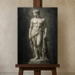 Standing Male Figure Sculptural Nude Wall Art Canvas Print displayed on a studio easel
