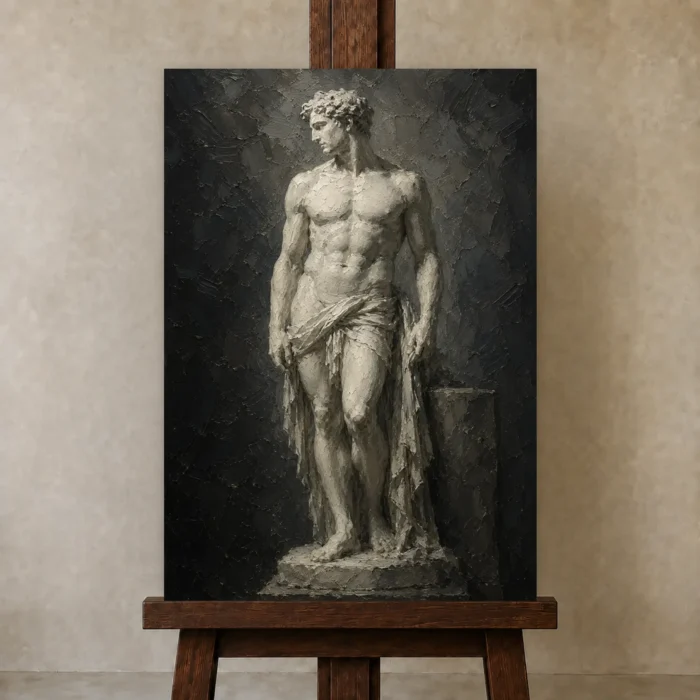 Standing Male Figure Sculptural Nude Wall Art Canvas Print displayed on a studio easel