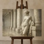 Classical Colonnade Figure Sculptural Nude Wall Art Canvas Print displayed on a studio easel