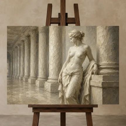 Classical Colonnade Figure Sculptural Nude Wall Art Canvas Print shown in Studio Easel