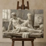 Reclining Male Figure Sculptural Nude Wall Art Canvas Print displayed on a studio easel