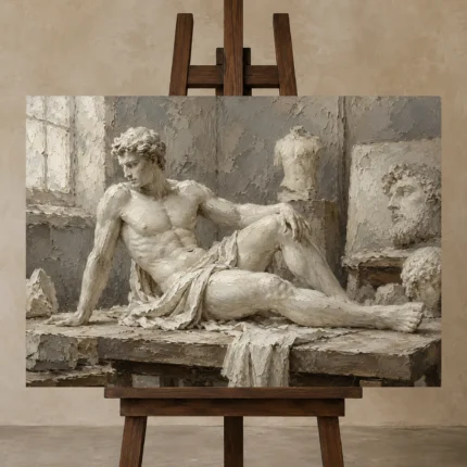 Reclining Male Figure Sculptural Nude Wall Art Canvas Print displayed on a studio easel