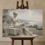 Coastal Muse Sculptural Nude Wall Art Canvas Print displayed on a studio easel