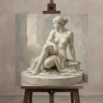 Seated Classical Muse Sculptural Nude Wall Art Canvas Print displayed on a studio easel