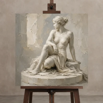 Seated Classical Muse Sculptural Nude Wall Art Canvas Print displayed on a studio easel