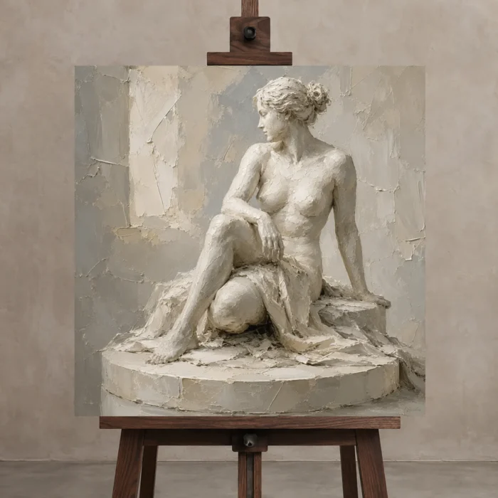 Seated Classical Muse Sculptural Nude Wall Art Canvas Print displayed on a studio easel
