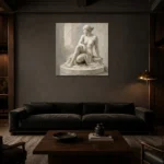 Seated Classical Muse Sculptural Nude Wall Art Canvas Print shown in a warm modern interior
