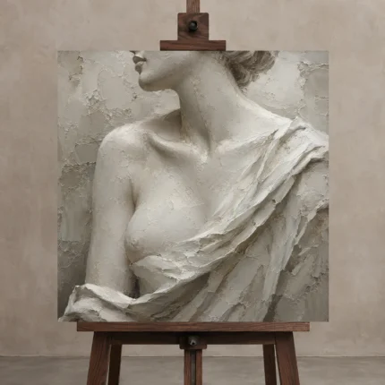 Draped Shoulder Study Sculptural Nude Wall Art Canvas Print shown in Studio Easel