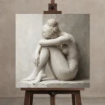Contemplative Seated Figure Sculptural Nude Wall Art Canvas Print displayed on a studio easel