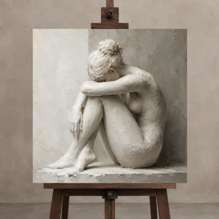 Contemplative Seated Figure Sculptural Nude Wall Art Canvas Print shown in Studio Easel