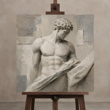Draped Male Torso Sculptural Nude Wall Art Canvas Print shown in Studio Easel