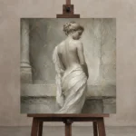 Draped Back Figure Sculptural Nude Wall Art Canvas Print displayed on a studio easel
