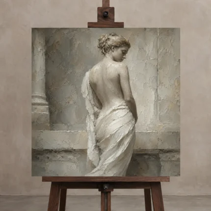 Draped Back Figure Sculptural Nude Wall Art Canvas Print shown in Studio Easel