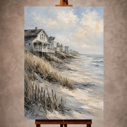 Tranquil Coastal Wall Art print featuring weathered beach cottages, gentle dunes, and calm shoreline in soft blue and sandy neutral tones for elegant interiors
