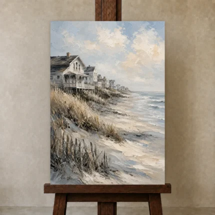 Tranquil Shoreline Coastal Wall Art Canvas Print shown in Studio Easel