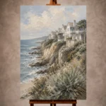 Elegant Coastal Wall Art print featuring white coastal homes above dramatic seaside cliffs overlooking a peaceful ocean for refined interiors