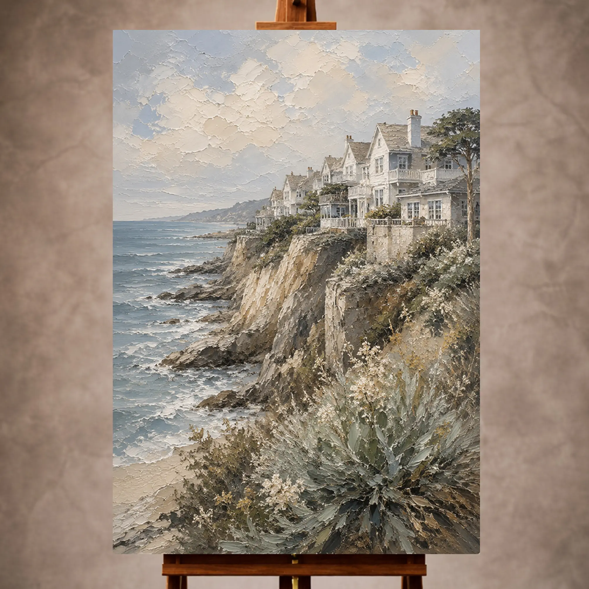 Premium Wall Art Dikey Html Edition – SEAWALL007 Image 1 Elegant Coastal Wall Art print featuring white coastal homes above dramatic seaside cliffs overlooking a peaceful ocean for refined interiors