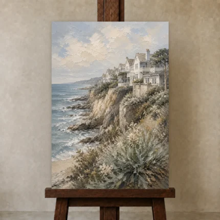 Cliffside Coastal Homes Coastal Wall Art Canvas Print shown in Studio Easel