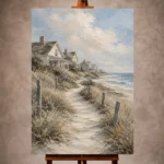 Tranquil Coastal Wall Art print featuring a winding sandy path through dunes leading to coastal cottages beside a calm shoreline for elegant interiors