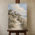 Sandy Dune Path Coastal Wall Art Canvas Print displayed on a studio easel