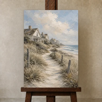 Sandy Dune Path Coastal Wall Art Canvas Print shown in Studio Easel