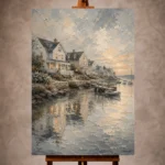 Elegant Coastal Wall Art print featuring a quiet seaside village with coastal cottages reflected in calm harbor waters for sophisticated interiors