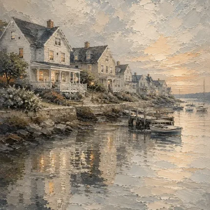 Seaside Harbor Village Coastal Wall Art Canvas Print