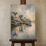 Seaside Harbor Village Coastal Wall Art Canvas Print displayed on a studio easel