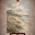Elegant Coastal Wall Art print featuring a refined beachfront residence surrounded by dune grasses, sandy shores, and gentle ocean waves for sophisticated interiors