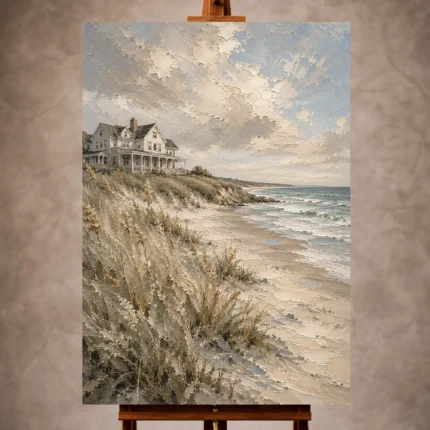 Elegant Coastal Wall Art print featuring a refined beachfront residence surrounded by dune grasses, sandy shores, and gentle ocean waves for sophisticated interiors