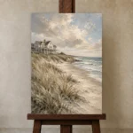 Beachfront Residence Coastal Wall Art Canvas Print displayed on a studio easel