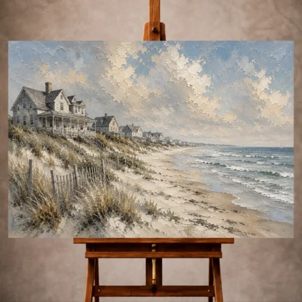 Tranquil Coastal Wall Art print featuring weathered beach homes, rolling dunes, gentle ocean waves, and luminous coastal skies for elegant interiors