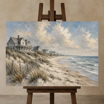 Expansive Shoreline Coastal Wall Art Canvas Print shown in Studio Easel